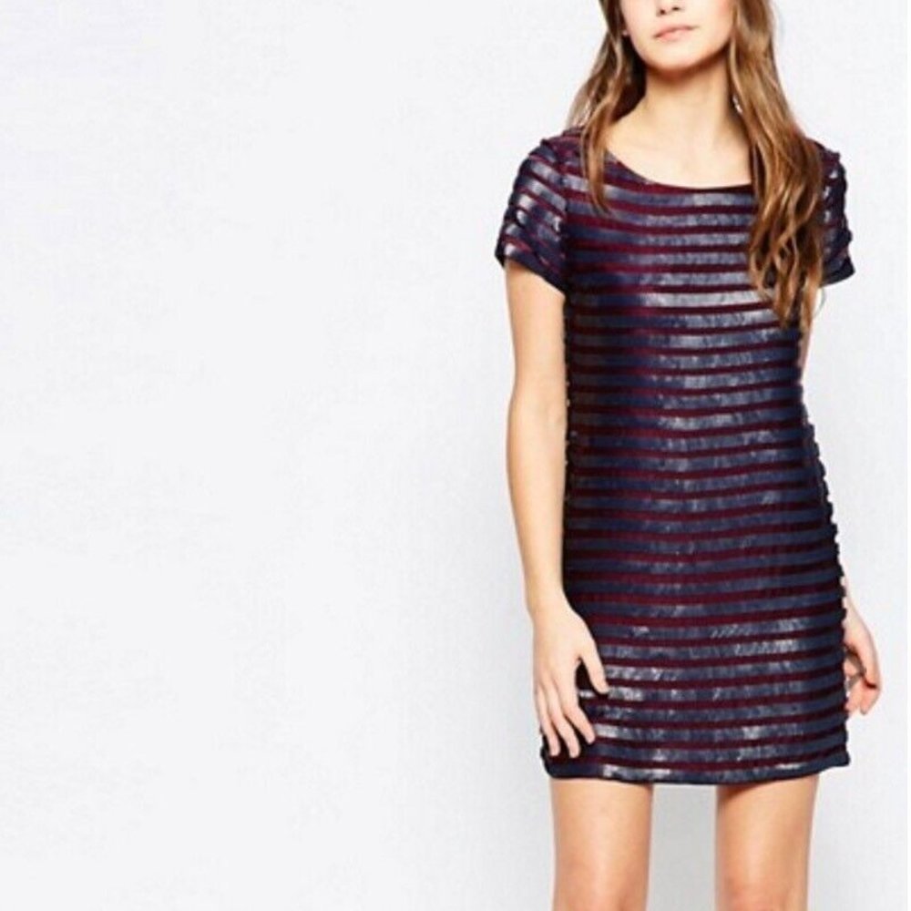 French Connection Satellite Brights Sequin Dress in Dark Morello